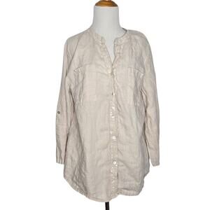 Soft Surroundings Linen Button Front Tunic Top Neutral Lace Sequins Women XL